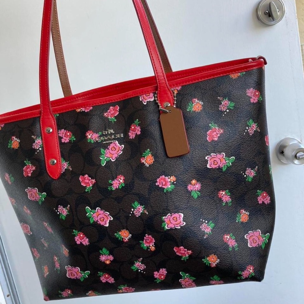Coach Black and Red Floral Tote
